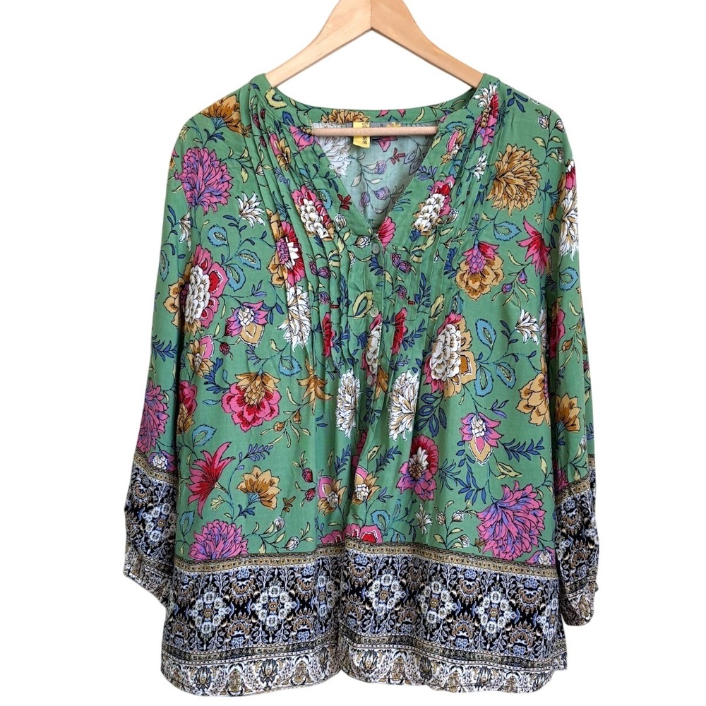 Anthropologie Figueroa & Flower Womens Boho Floral Top Large Green Pintuck